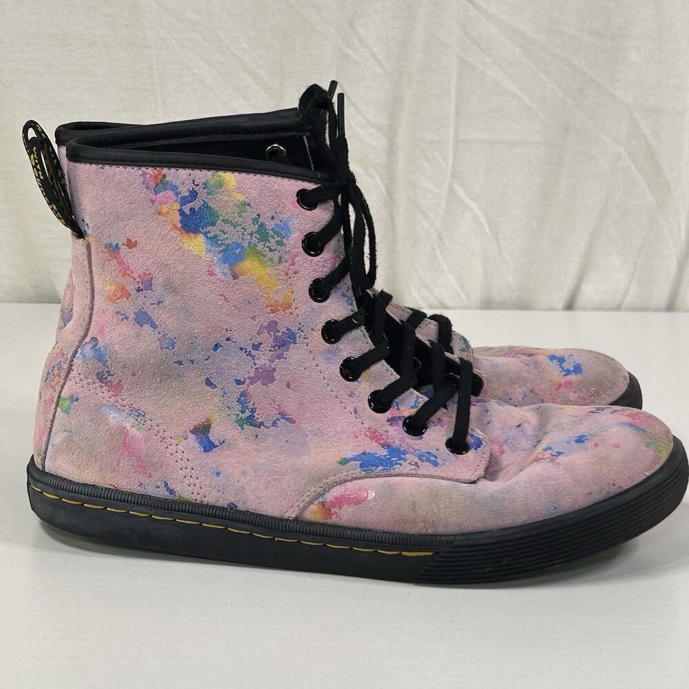 Dr. Doc Martens Boots Sheridan Pink Rainbow Confetti Suede Lace Up Shoes Women 8